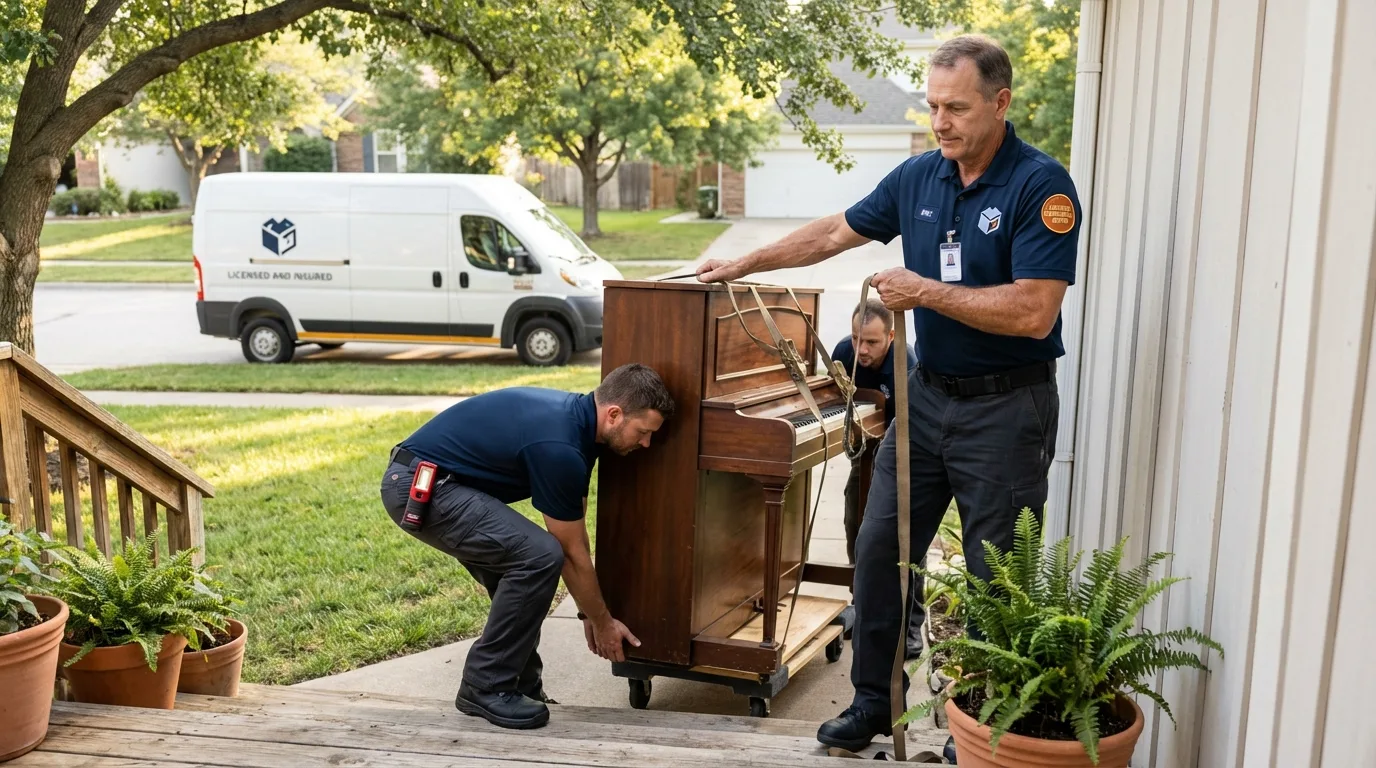 Licensed piano movers securing grand piano in Brookhaven, MS