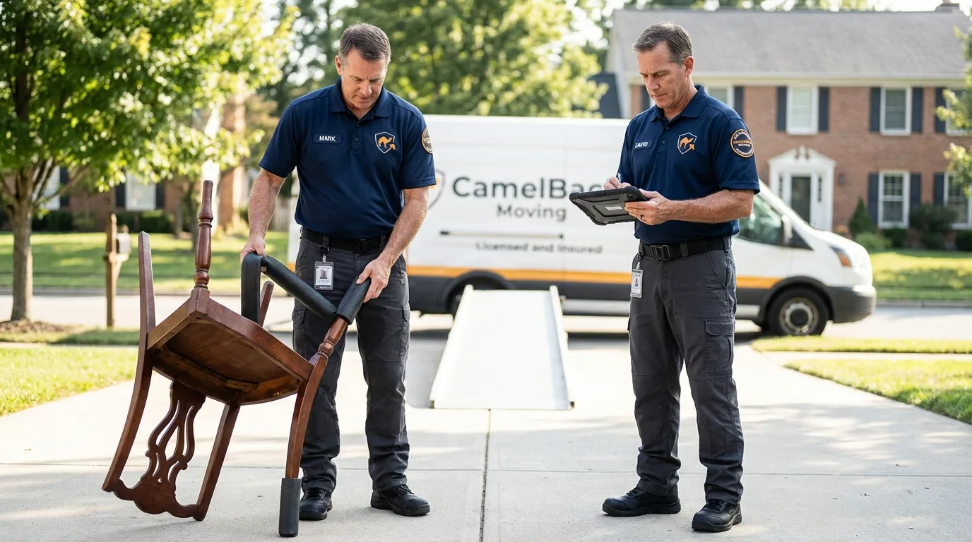 Movers inspecting furniture for damage prevention before loading in Brookhaven, MS