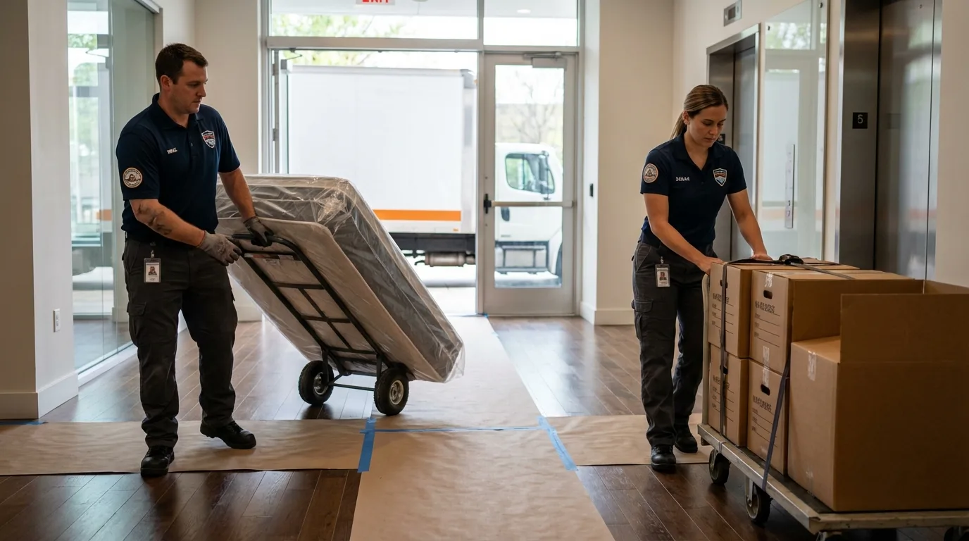 Professional apartment movers loading elevator in Brookhaven, MS